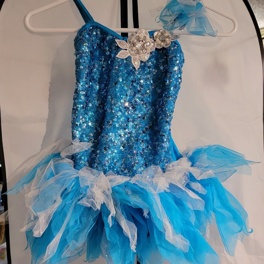 One-Piece Blue Sequin Leotard with Tulle Skirt